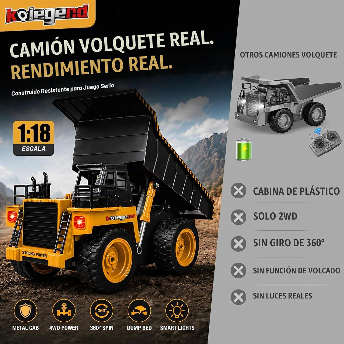 Camión de volcado a control remoto RC, vehículo de construcción, juguetes de camión con batería recargable para niños pequeños, niños y niñas