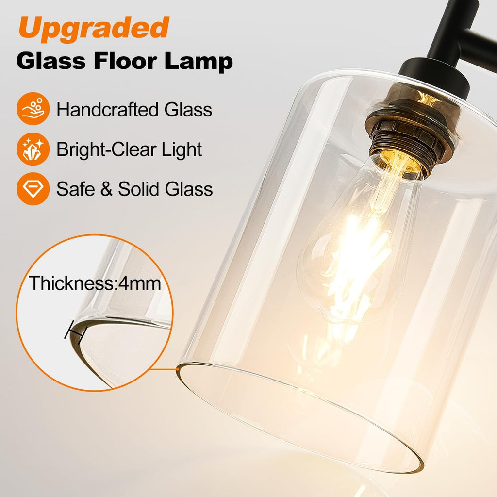 Lámpara 【Actualizada】Lámpara de pie regulable para sala de estar con pantalla de cristal transparente, lámpara de pie de vidrio moderno negro con bombilla LED de 900 lm incluida, lámpara alta de pie de arco para dormitorio, oficina, sala de lectura
