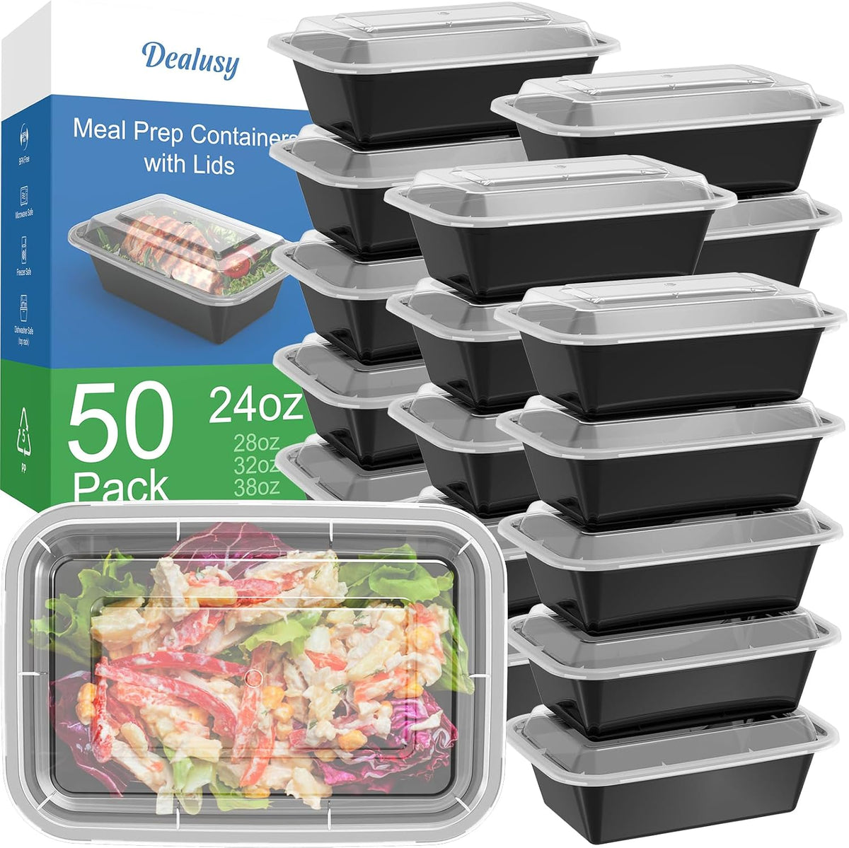 Dealusy - Recipientes con tapa reutilizables de 24 onzas para alimentos preparados, resistentes, a prueba de fugas, seguros, aptos para microondas, congelador y lavavajillas, 50 unidades (100 piezas)