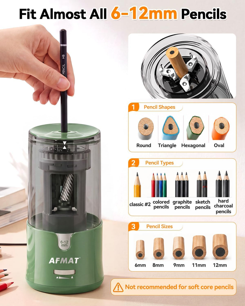 AFMAT Sacapuntas eléctrico, parada automática, súper afilado y rápido, sacapuntas eléctrico enchufable para 0.236-0.472 in No.2/lápices de colores/oficina/hogar PS94