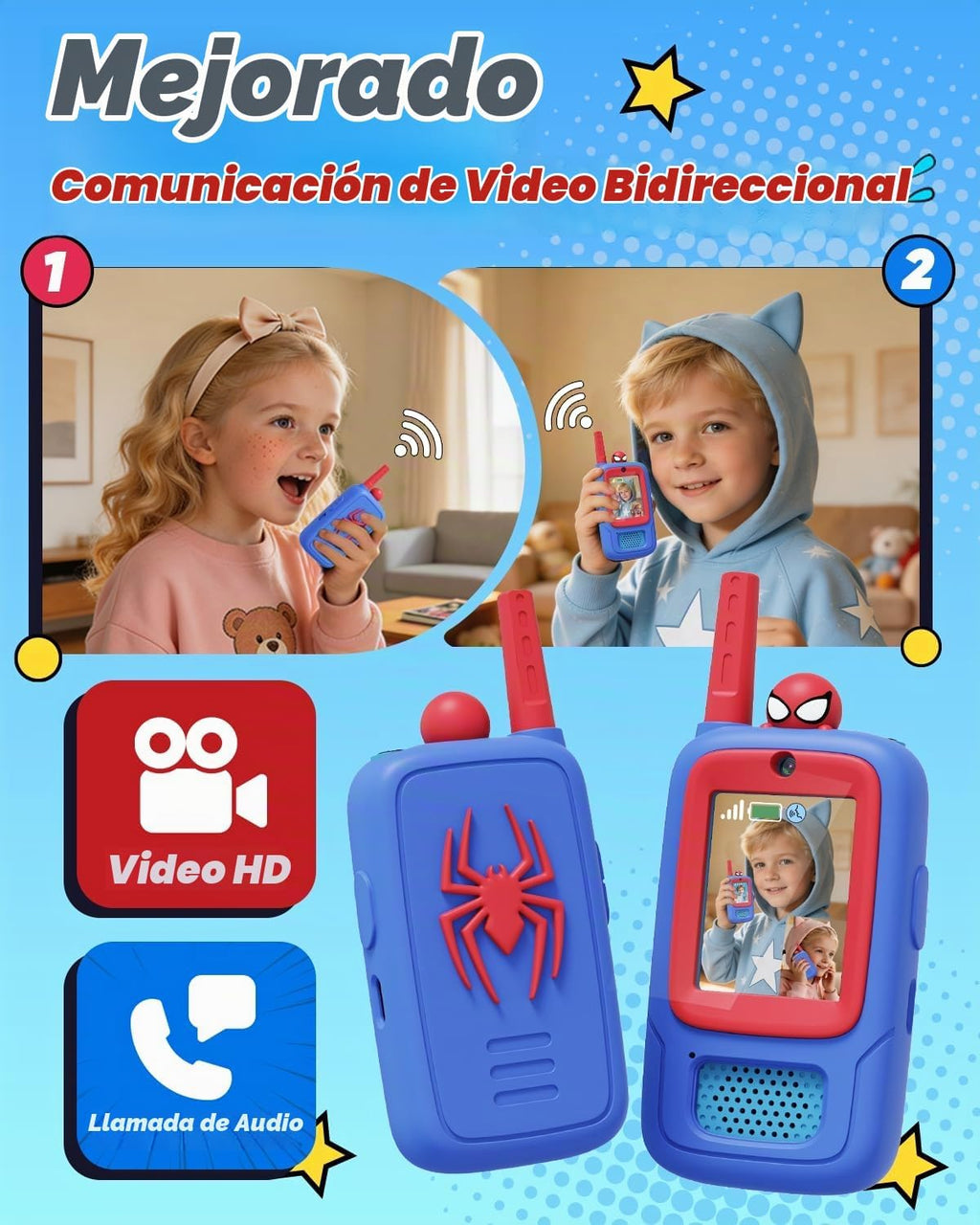 Paquete de 2 Walkie Talkies de video Spider Toys para niños con funda de