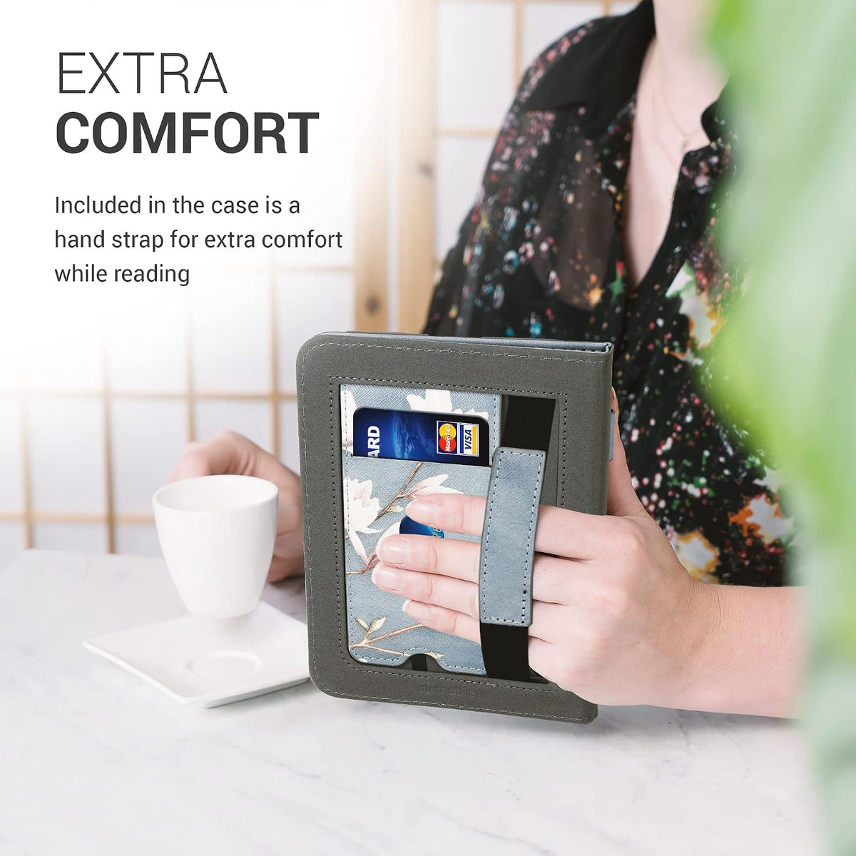 kwmobile Funda compatible con Barnes & Noble Nook Glowlight 4 / 4e - Funda de piel sintética con cierre magnético, soporte, correa, ranura para tarjetas, magnolias gris pardo/blanco/azul gris