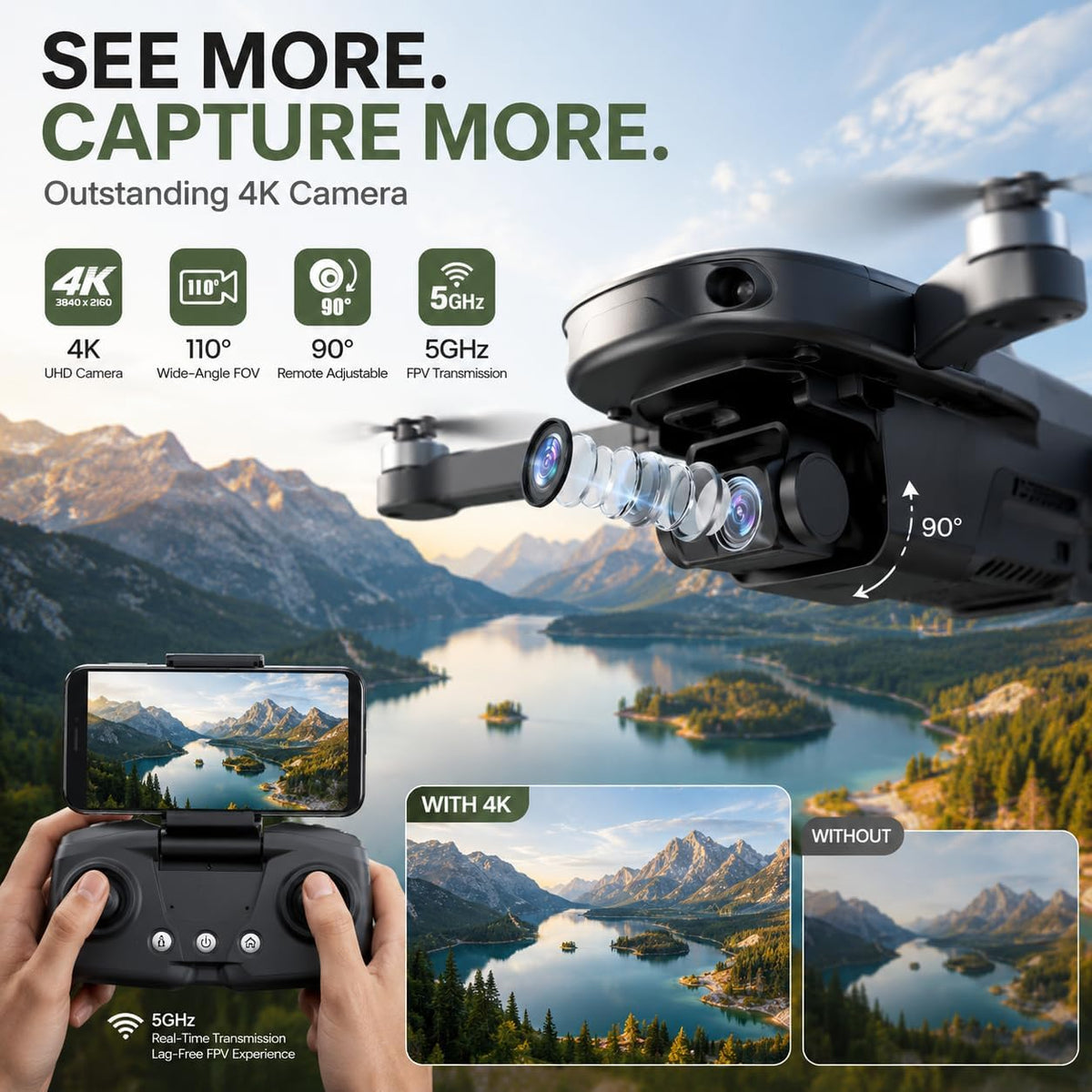 Holy Stone HS175D Drone GPS con cámara 4K para adultos, menos de 8.78 oz, cuadricóptero RC plegable con retorno automático, vuelo de 46 minutos de largo, sígueme, motor sin escobillas, mosca circular, vuelo de punto de referencia, retención de altitud
