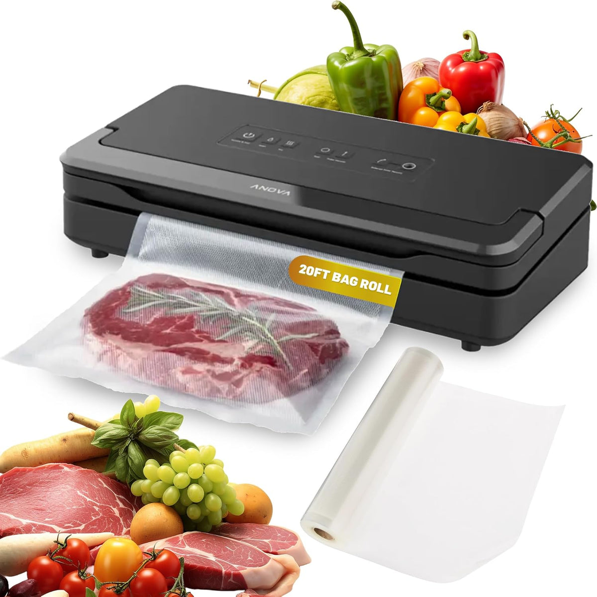 Anova Culinary Sellador al vacío de precisión Pro, incluye rollo de bolsa grande (19 pies), máquina selladora al vacío de alimentos dobles húmedos y secos para almacenamiento Sous Vide y