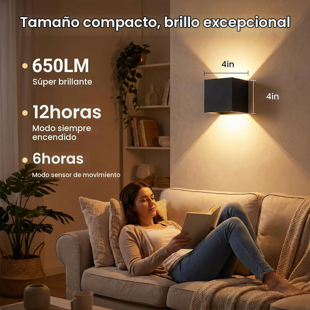 Lámpara Juego de 2 lámparas de pared con sensor de movimiento, recargable, funciona con pilas, aplique de pared LED para interiores arriba y abajo, 2000 mAh, 2 brillo regulable con montaje magnético