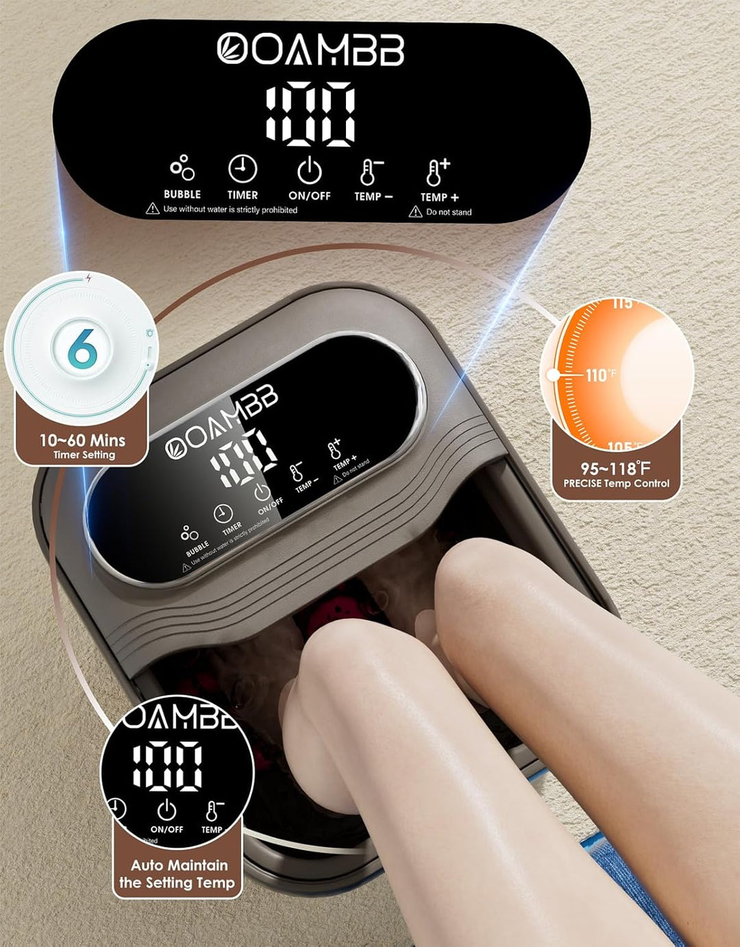 OOAMBB Masajeador de spa para pies plegable con calor, burbujas y c...