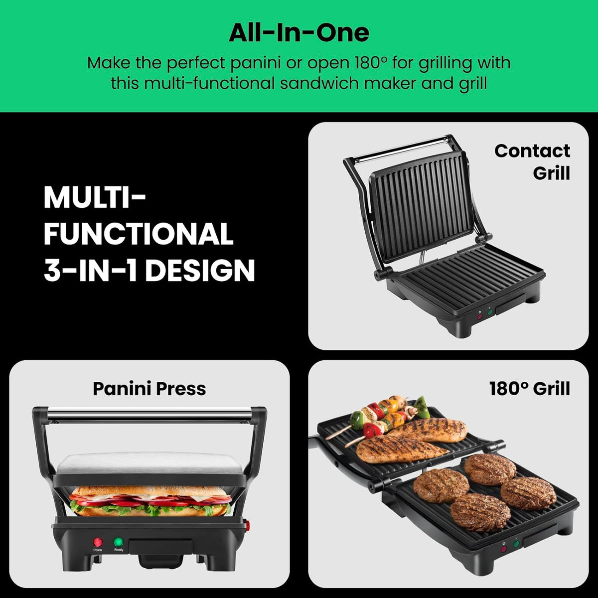 Chefman Parrilla Prensa para Panini y Sandwichera Gourmet con Placas Recubiertas Antiadherentes, se Abre 180 Grados para Adaptarse a Cualquier Tipo o Tamaño de Alimento, Superficie de Acero Inoxidable