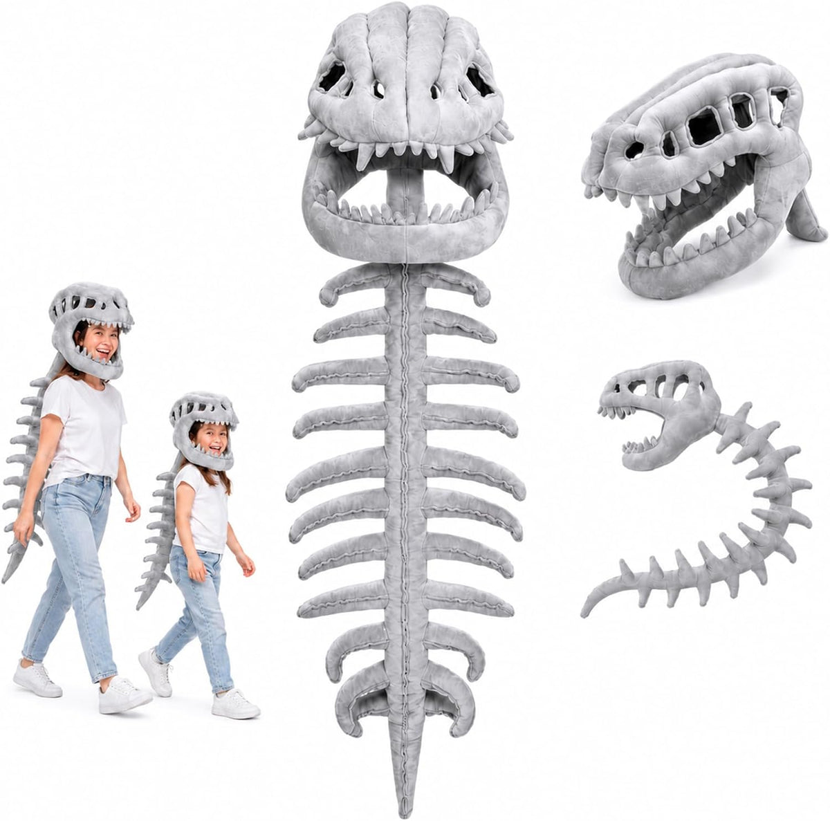 Disfraz de esqueleto de dinosaurio, juguetes de peluche de espinosaurio 3D con calavera y columna vertebral, cosplay de Halloween y disfraz de fiesta