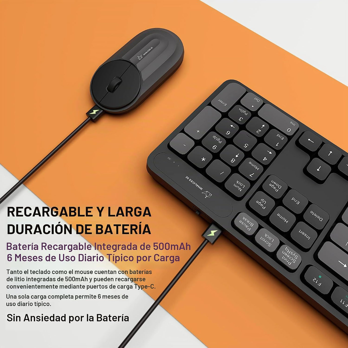 Whalices 52 Combo de teclado y mouse inalámbricos, teclas planas gr...