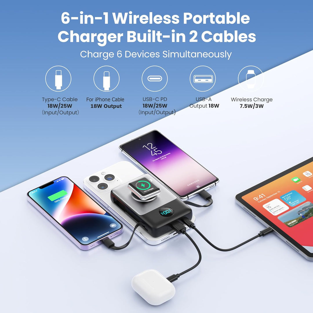 Cargador portátil magnético 6 en 1 para iPhone con cables integrado...