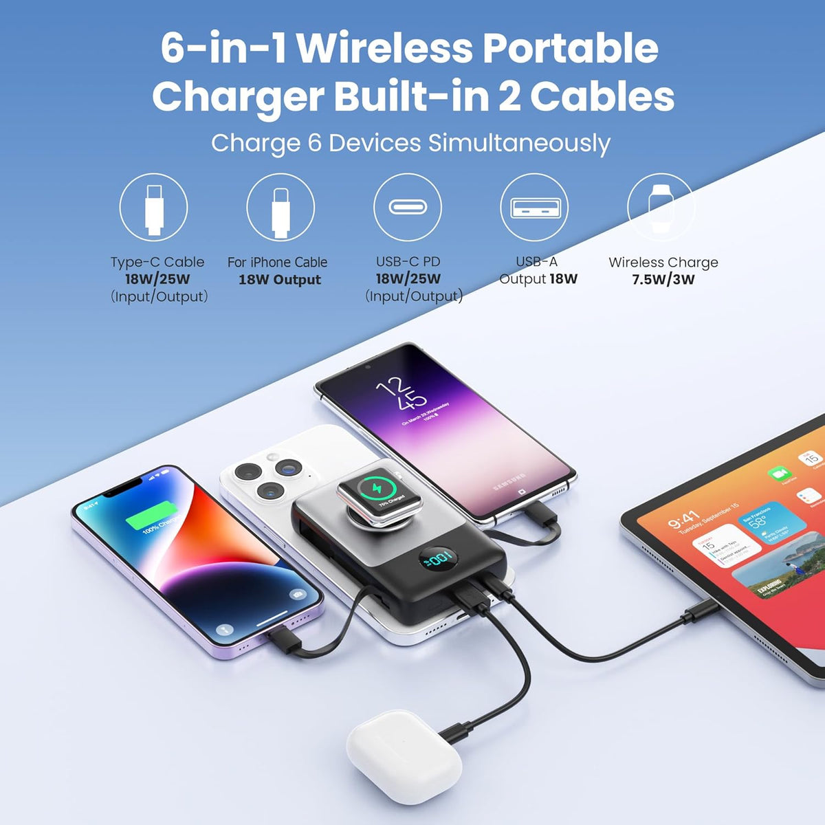 Cargador portátil magnético 6 en 1 para iPhone con cables integrado...
