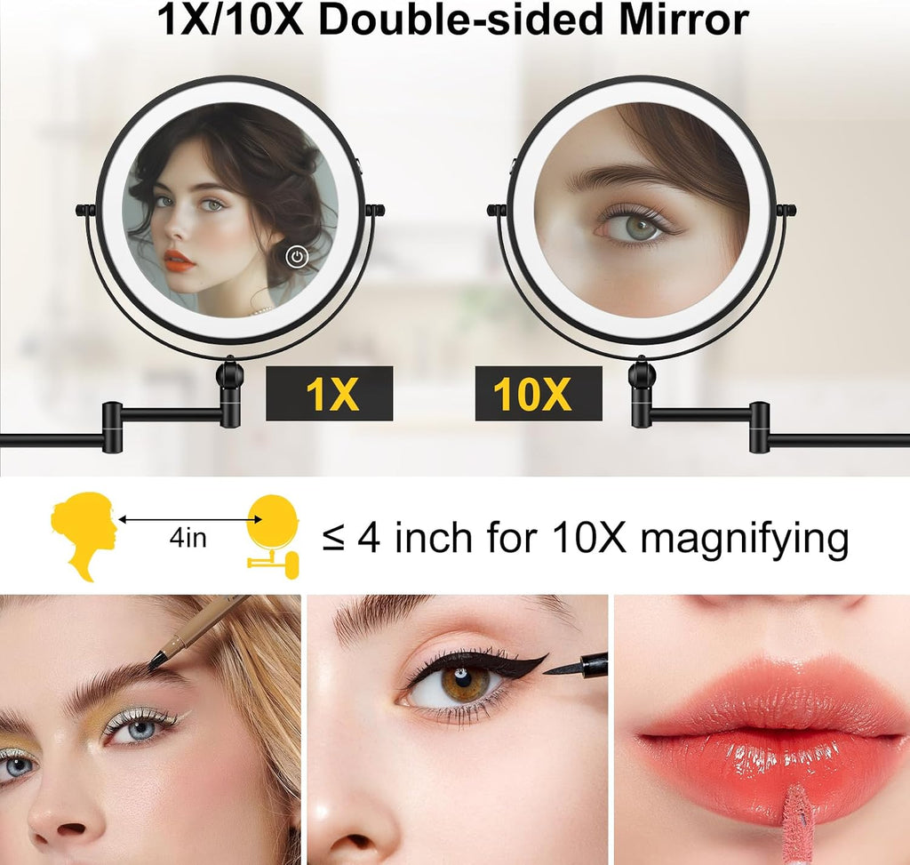 Espejo de maquillaje iluminado de pared de 9 pulgadas, espejo de aumento de doble cara recargable de 4000 mAh 1X/10X con luz, 3 luces de color, regulable al tacto, espejo de maquillaje montado en la pared con brazo extendido de rotación de 360 grados