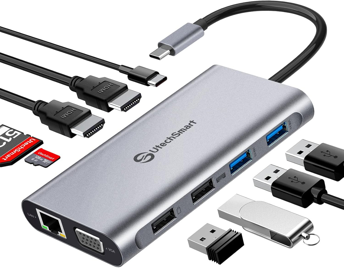 Estación de acoplamiento USB C de monitor dual, UtechSmart 11 en 1 USB C Hub de triple pantalla, soporte para portátil con 2 HDMI, Ethernet, VGA, 100W PD, ranura para tarjeta SD/TF, 4USB para MacBook