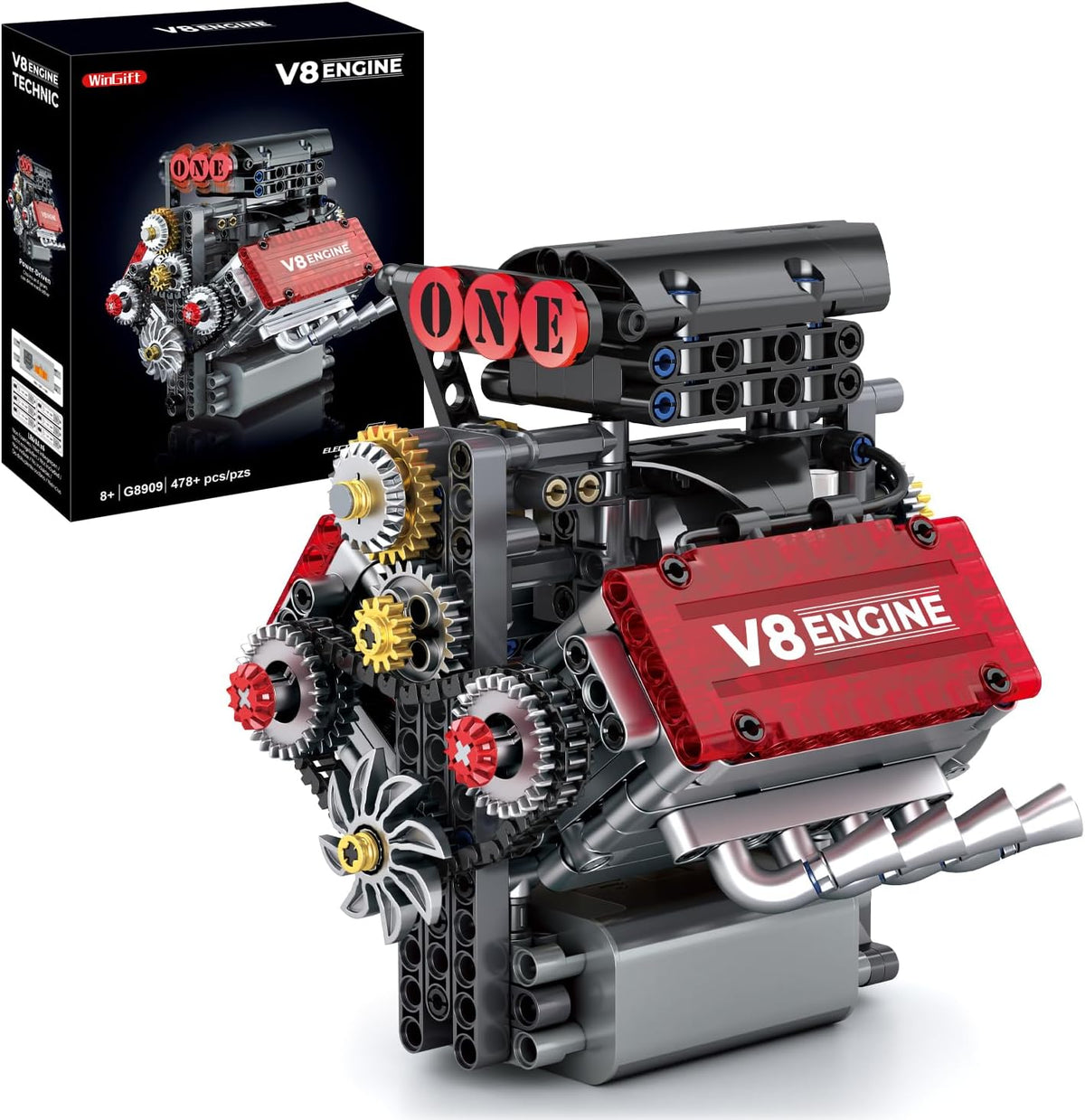 Juego de construcción de motor V8, kit de modelo de motor V8 que funciona, construye tu propio kit de motor STEM Mini V8 con batería y motor, motor de automóvil de 8 cilindros para niños y adultos (478 piezas)