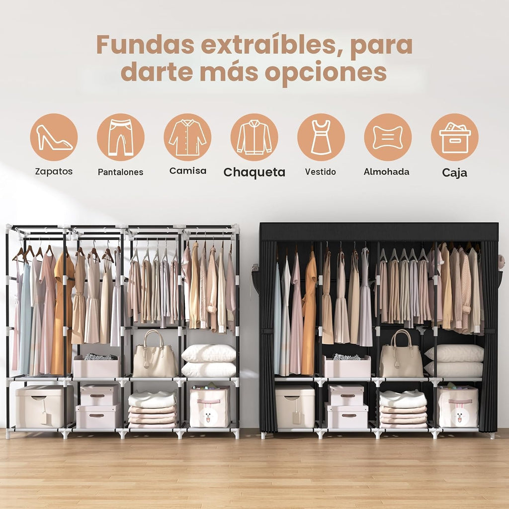 VTRIN Armario portátil para colgar ropa de 67 pulgadas de ancho, gran capacidad, armario portátil con cubierta, 4 estantes de almacenamiento y 4 barras para colgar, armario independiente resistente