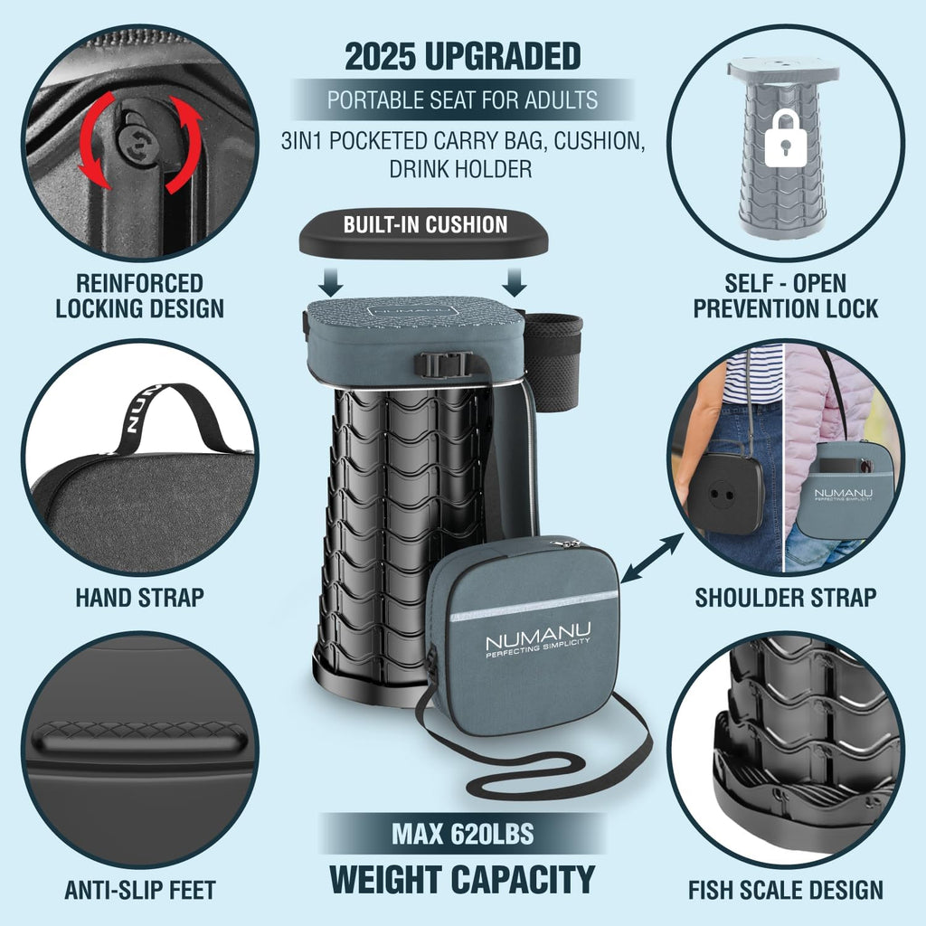 Taburete plegable para adultos, cojín 3 en 1 + bolsa, 620 libras