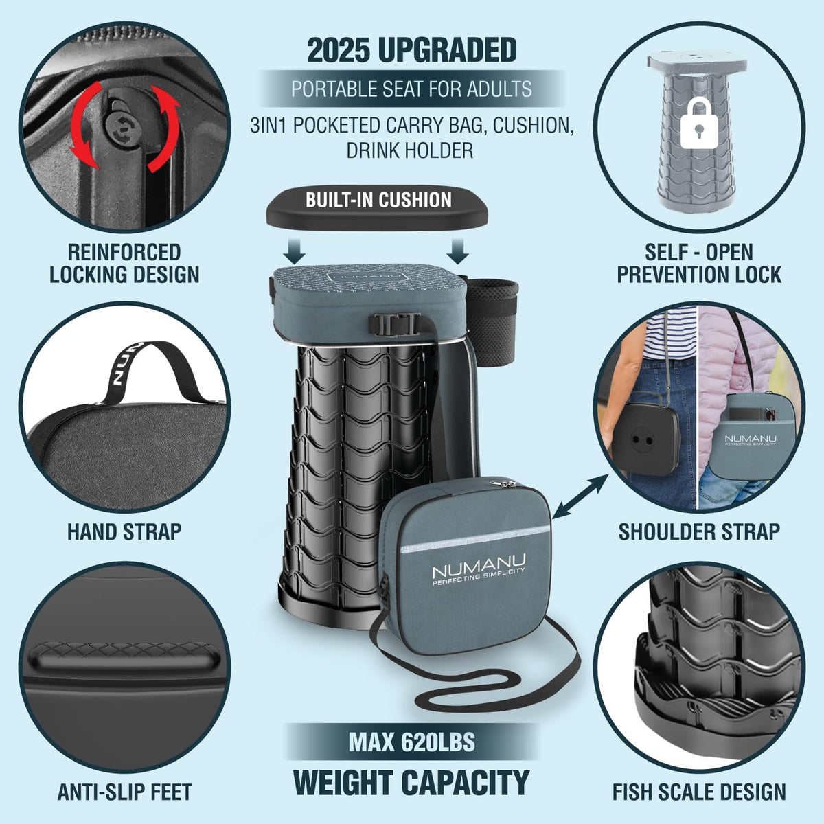 Taburete plegable para adultos, cojín 3 en 1 + bolsa, 620 libras