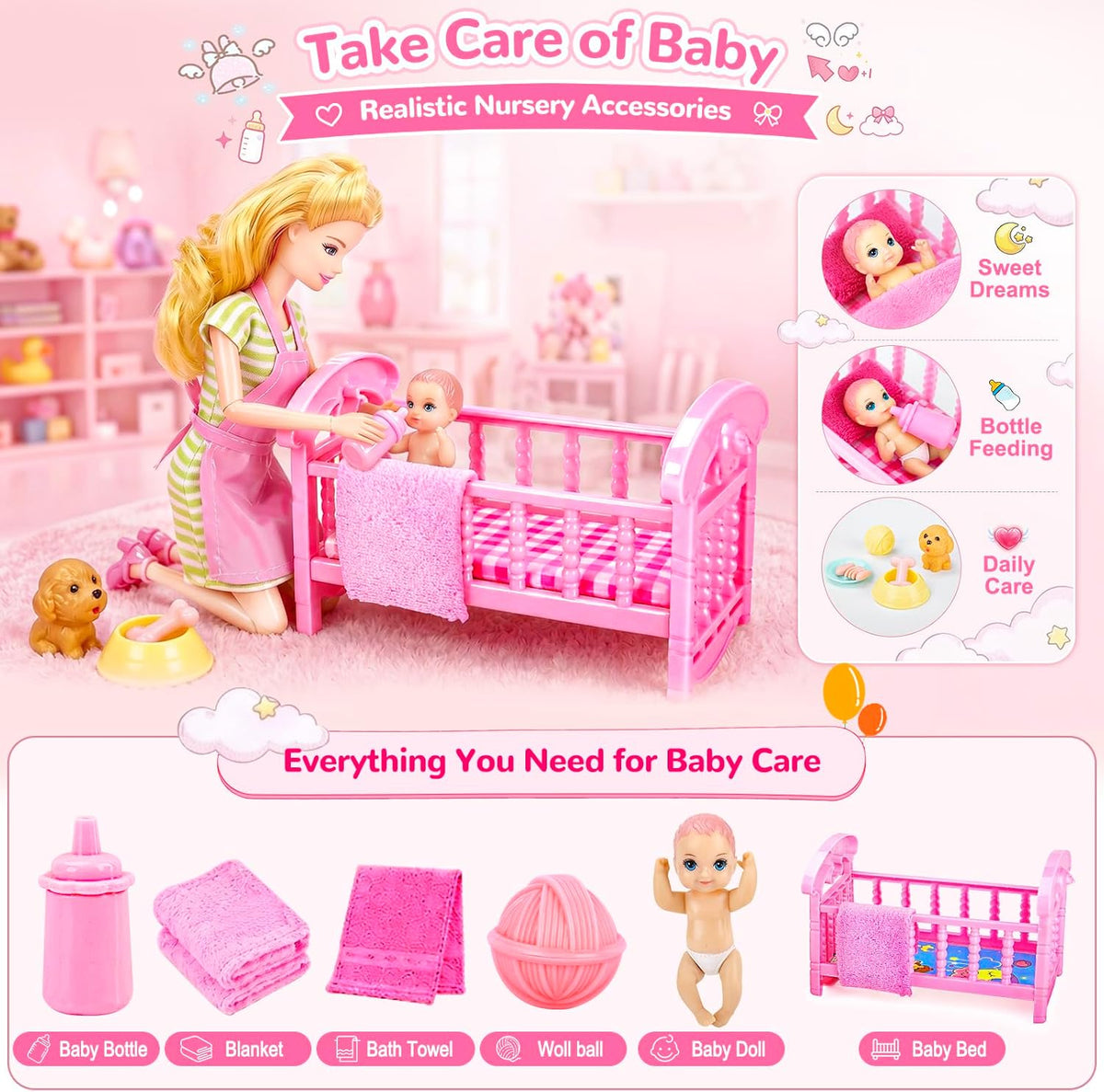 Set de juego de muñecas de 96 piezas con muñeca, ropa y accesorios