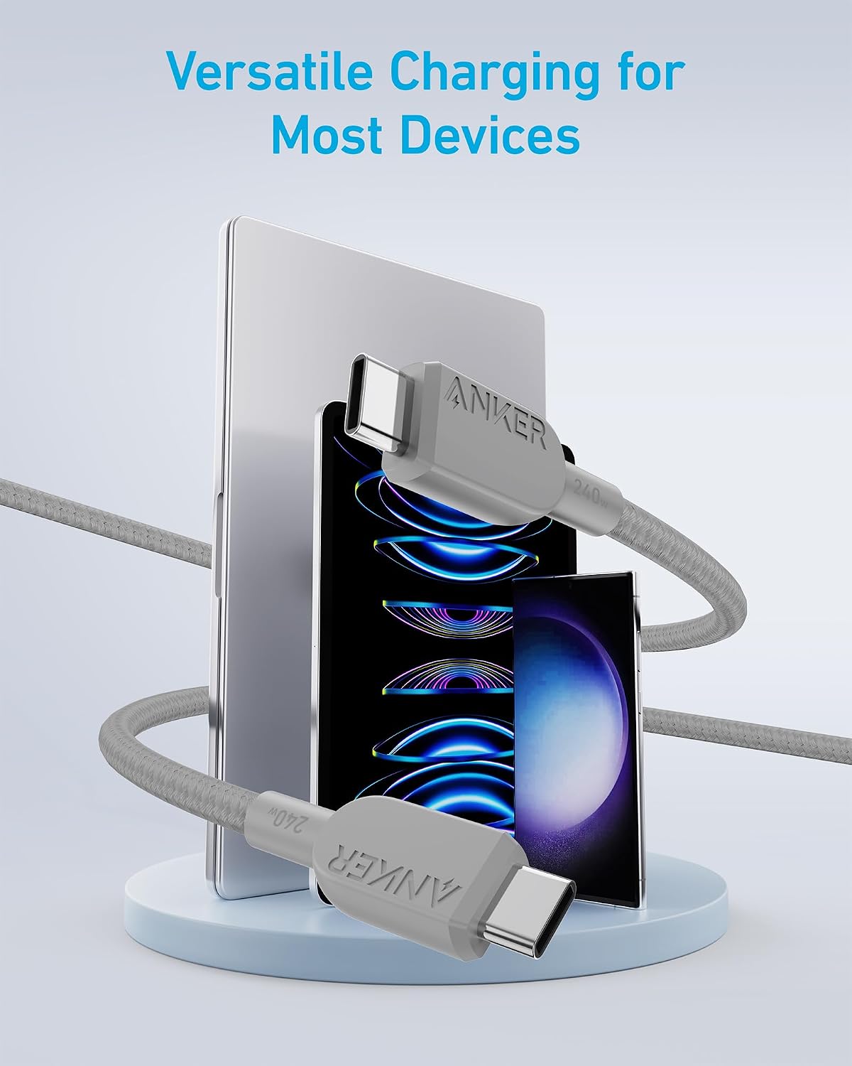 Anker Cable USB C a USB C, cable de carga rápida de 240 W (paquete de 2, 10 pies, gris)