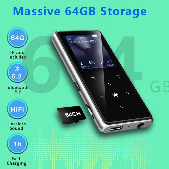 Reproductor MP3 de 64 GB con Bluetooth 5.2, reproductor de música c...
