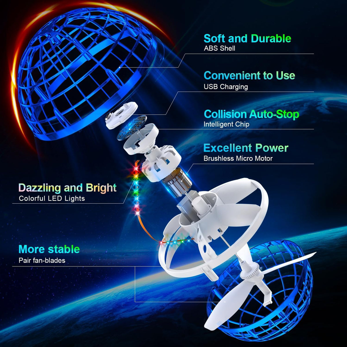 Bola de orbe voladora (azul, 2026 actualizada) con luces deslumbrantes, spinner mágico flotante, dron boomerang genial, globo cósmico flotante, juguetes para niños, regalos para niños y niñas