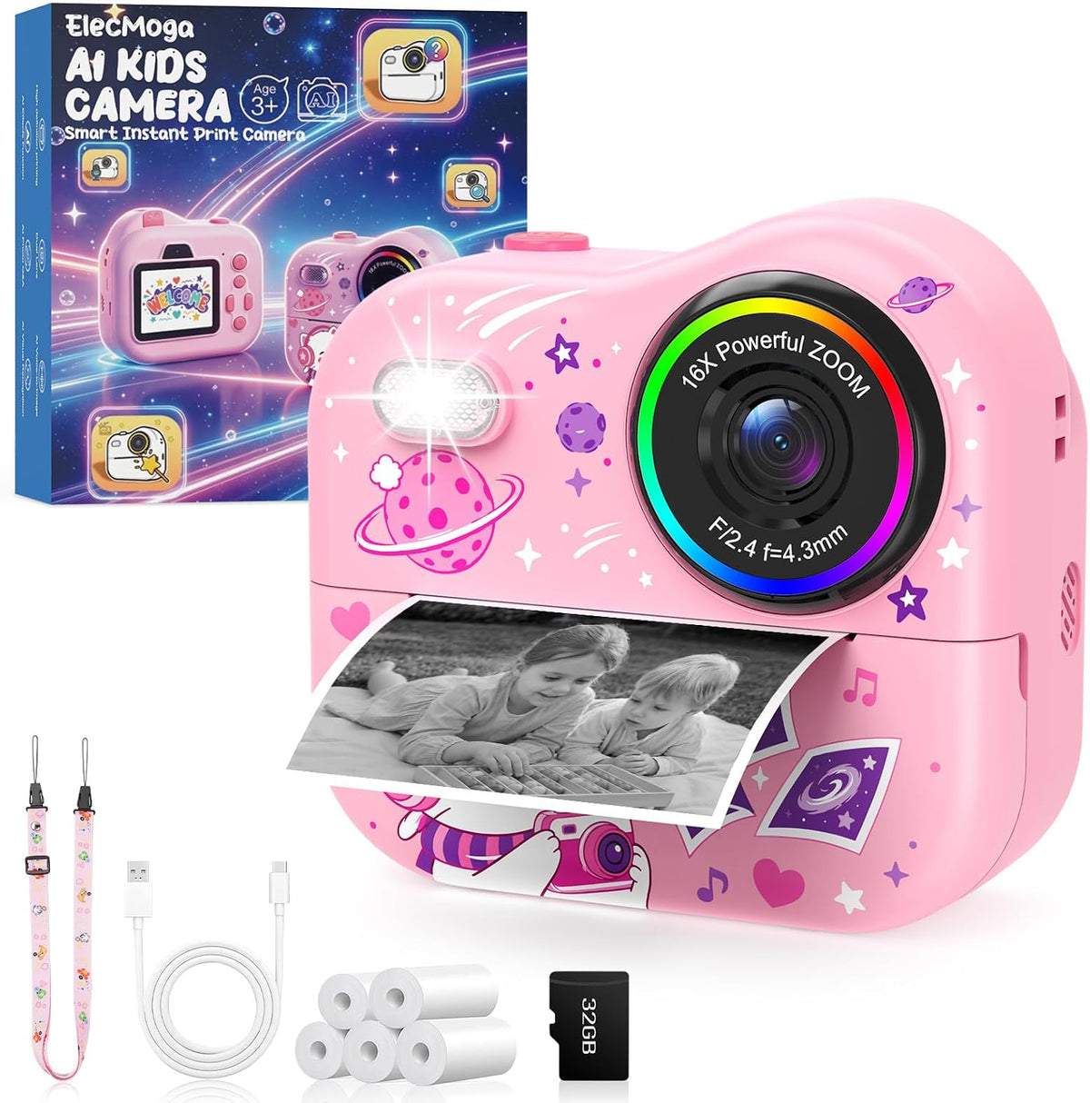 Cámara para Niños AI con Impresión Instantánea y Tarjeta de 32GB, 5 Rollos de Papel, 1080P
