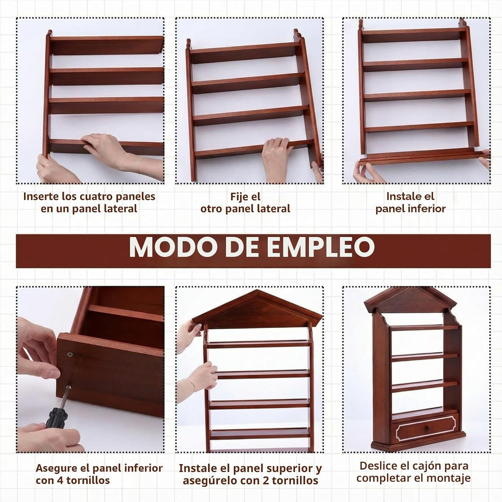 Estante de exhibición de madera vintage estilo pueblo para 24