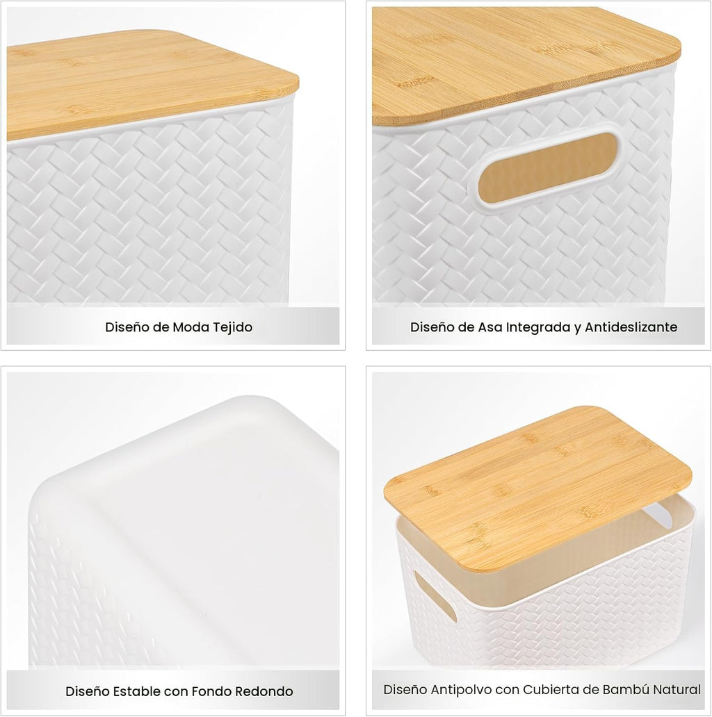 Ohmlove Paquete de 4 contenedores de almacenamiento con tapas de bambú, contenedores de almacenamiento de plástico con tapas, caja de almacenamiento apilable: cestas de almacenamiento para organizar