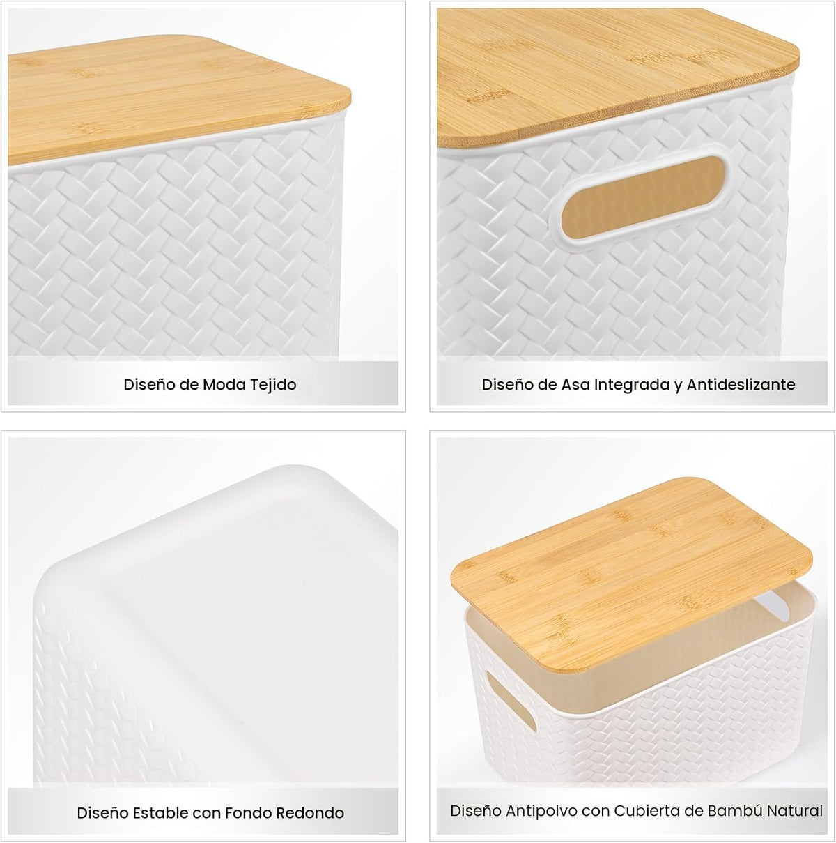 Ohmlove Paquete de 4 contenedores de almacenamiento con tapas de bambú, contenedores de almacenamiento de plástico con tapas, caja de almacenamiento apilable: cestas de almacenamiento para organizar