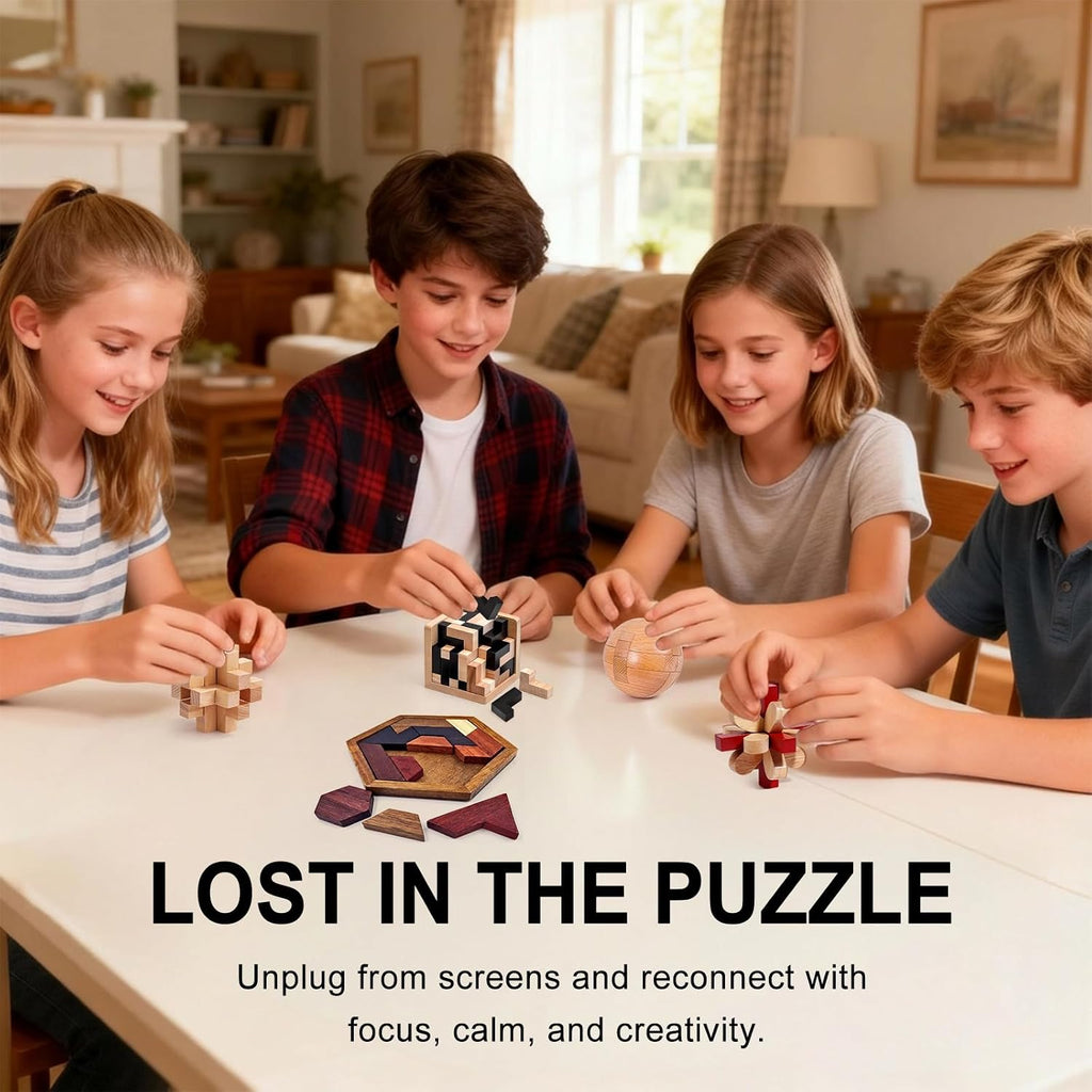 5 rompecabezas de madera para adultos y niños - Rompecabezas de cubo y forma, juegos de lógica y educativos, diversión familiar