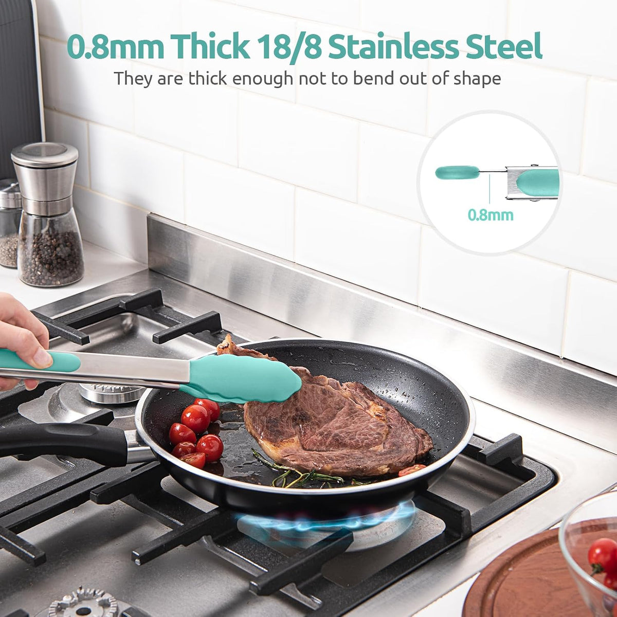 Pinzas de cocina resistentes al calor de 600ºF: Set de pinzas de cocina de silicona U-Taste de 9+12 pulgadas con puntas de goma no pegajosa sellada firmemente y mango de acero inoxidable 18/8