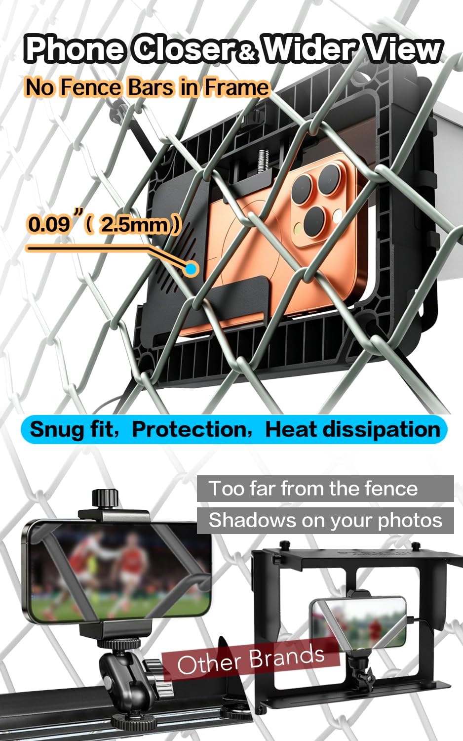 Gamechanger - Soporte para valla de teléfono con parasol y ventilador de enfriamiento, kit de montaje para béisbol, softbol, tenis, kit de transmisión para iPhone, visión clara y sin barras