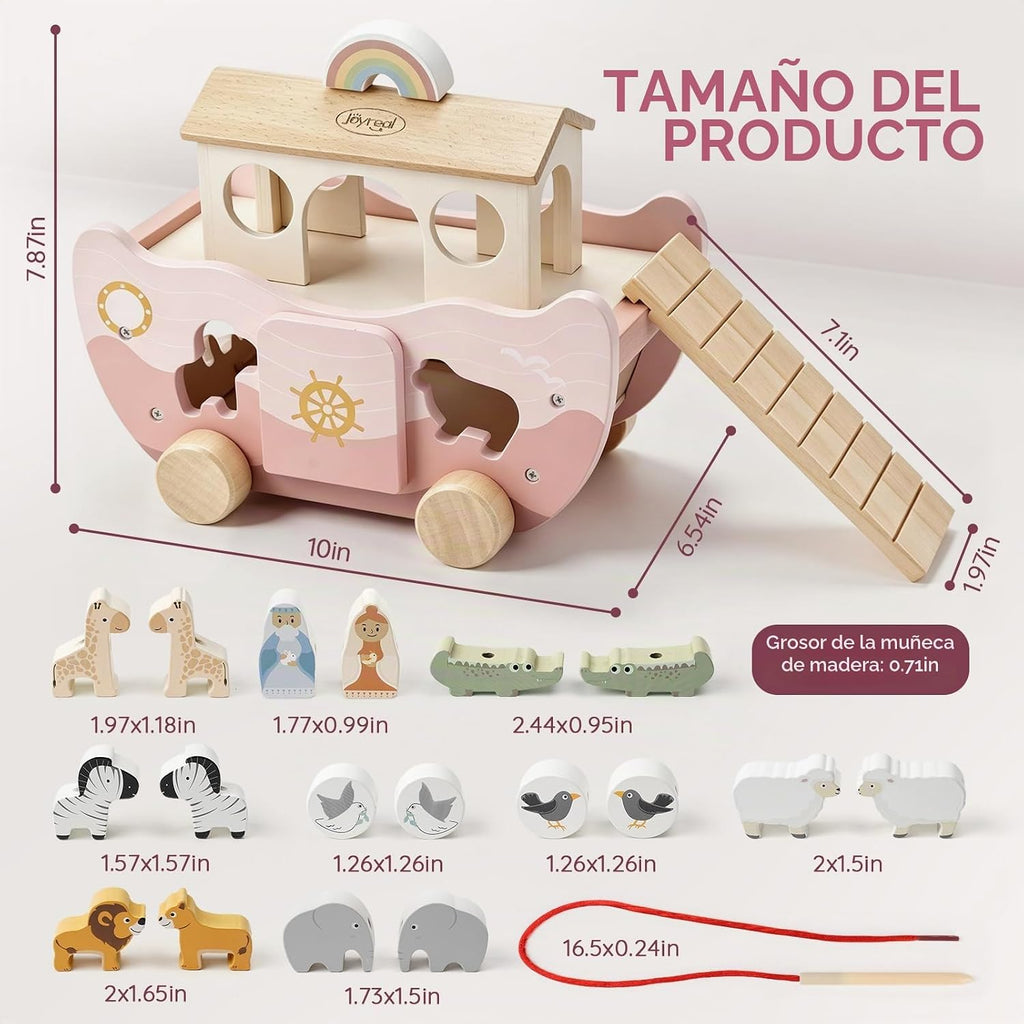 Joyreal Juguete de madera rosa del arca de Noé para regalos de bautismo de