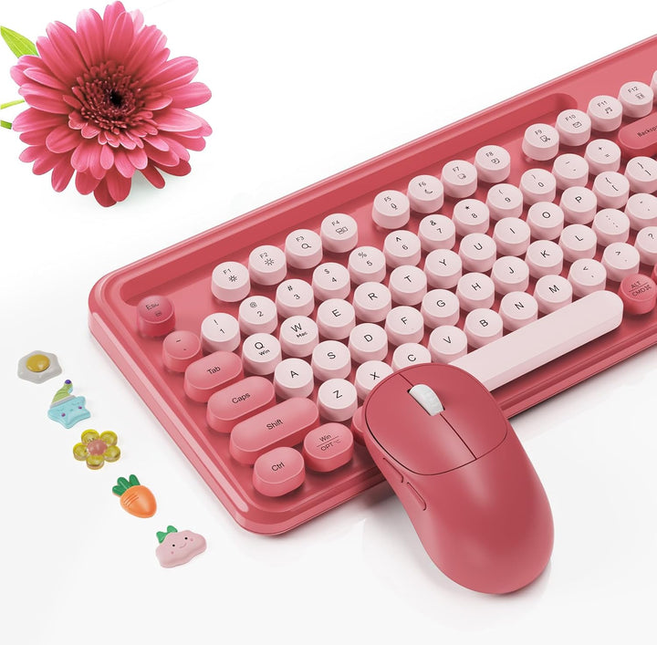 Combo de teclado y mouse inalámbricos, teclas redondas retro, tecla...