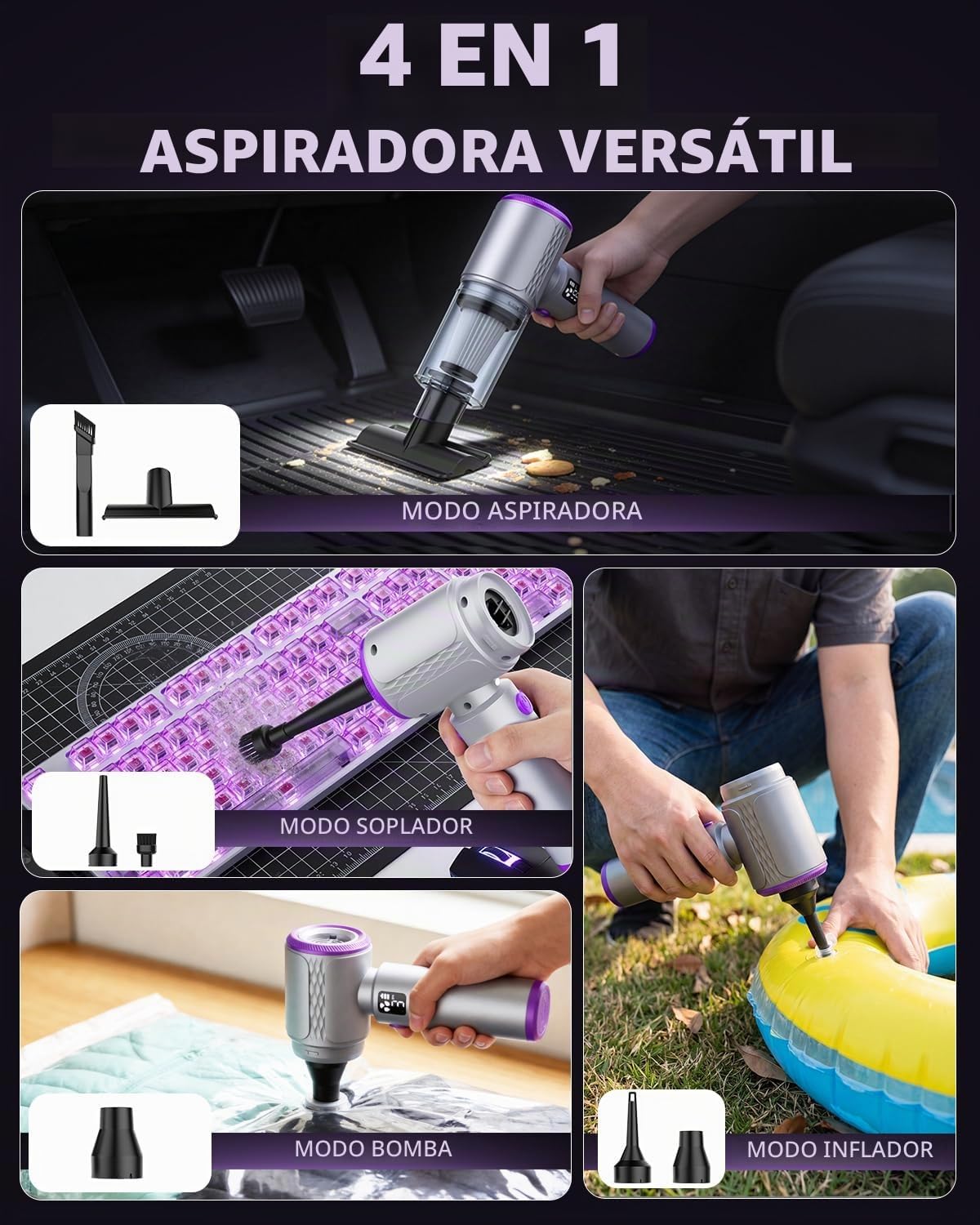Aspirador de coche de mano 16KPa inalámbrico con pantalla LCD