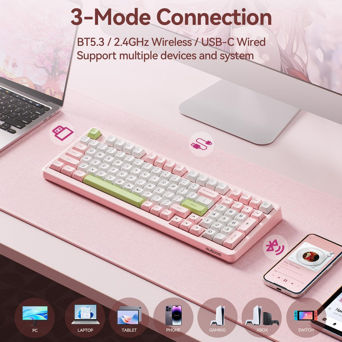 AUSDOM H98 - Teclado mecánico cremoso rosa, teclado inalámbrico sil...