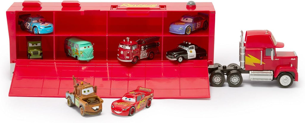 Set de juego oficial de Mack Hauler de Disney Store - Portaautos con luz y sonido Mack con 8 vehículos de metal a presión con retroceso - Rojo, Fillmore, Lightning McQueen, Bobby Swift, Cal Weathers