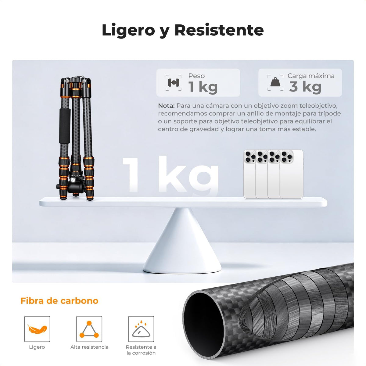 K&F CONCEPT Trípode de fibra de carbono de 60" con cabezal fluido