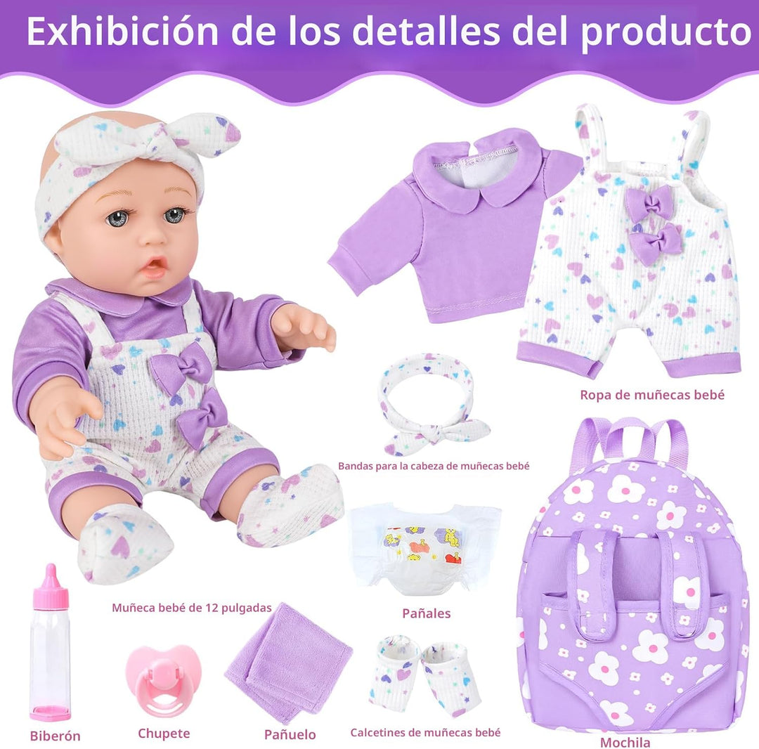 UZIDBTO Muñeca bebé de 12" con mochila portabebés con patrón de...