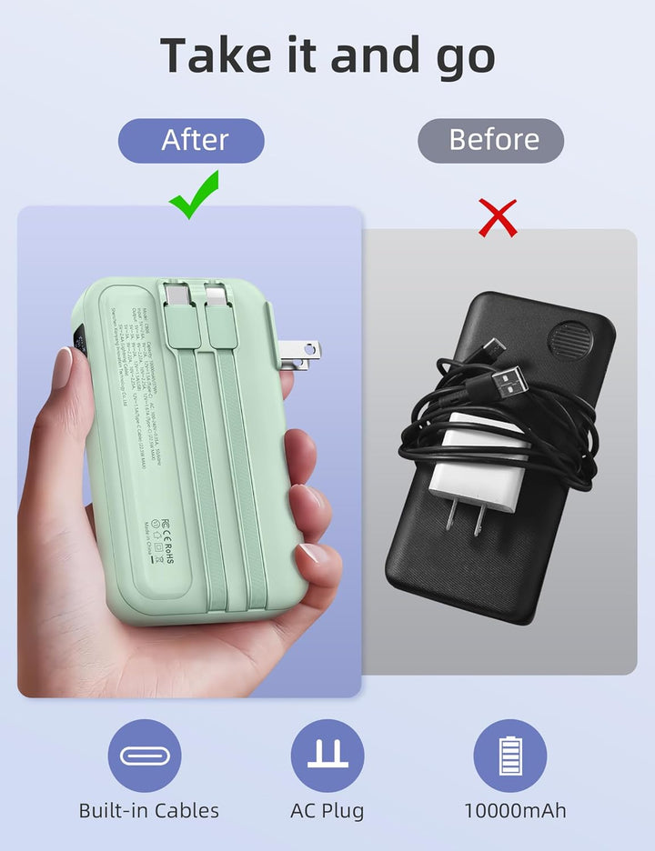 RORRY Cargador portátil con cables integrados, enchufe de pared de...