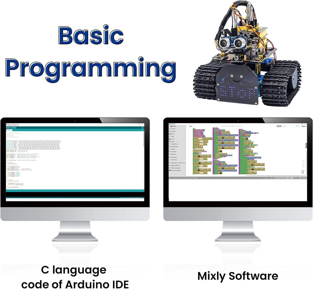 KEYESTUDIO - Kit robótico de mini tanque para Arduino, control remoto de aplicación/IR (iOS y Android), seguimiento ligero y ultrasónico, panel LED de 8 x 16 pulgadas, kit STEM para principiantes y