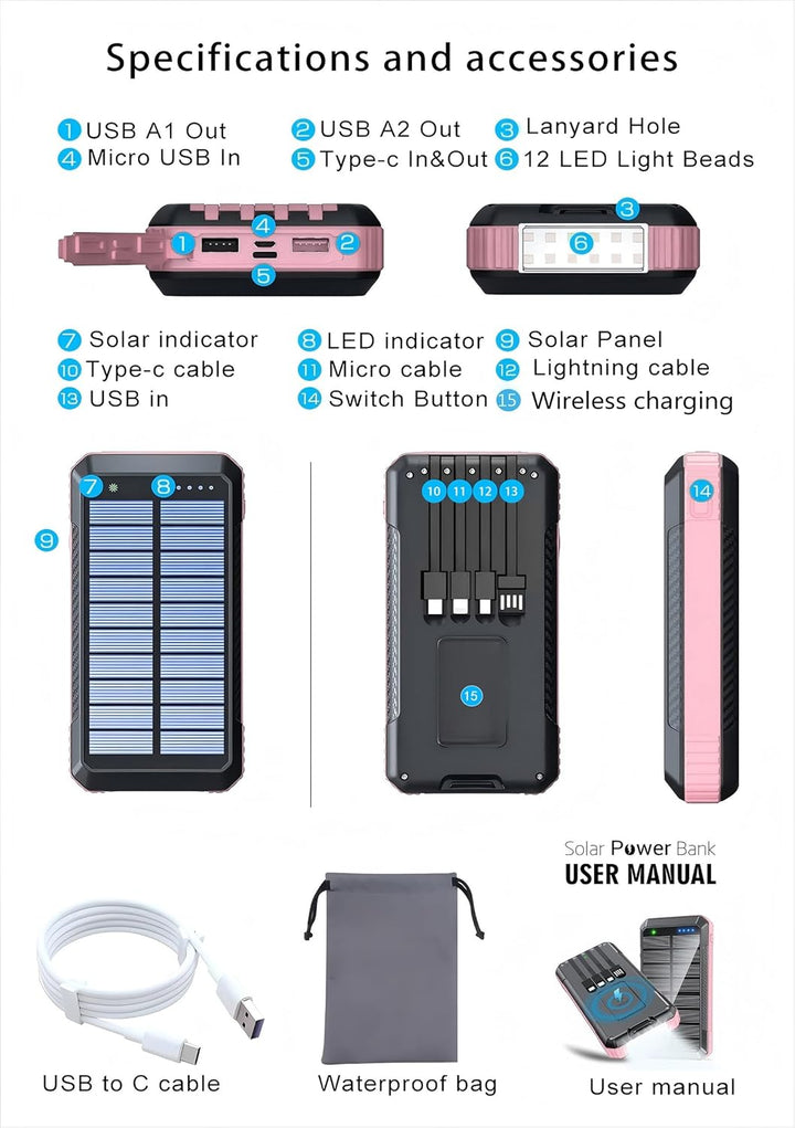 Banco de energía solar de 49800 mAh, cargador portátil con 4 cables...