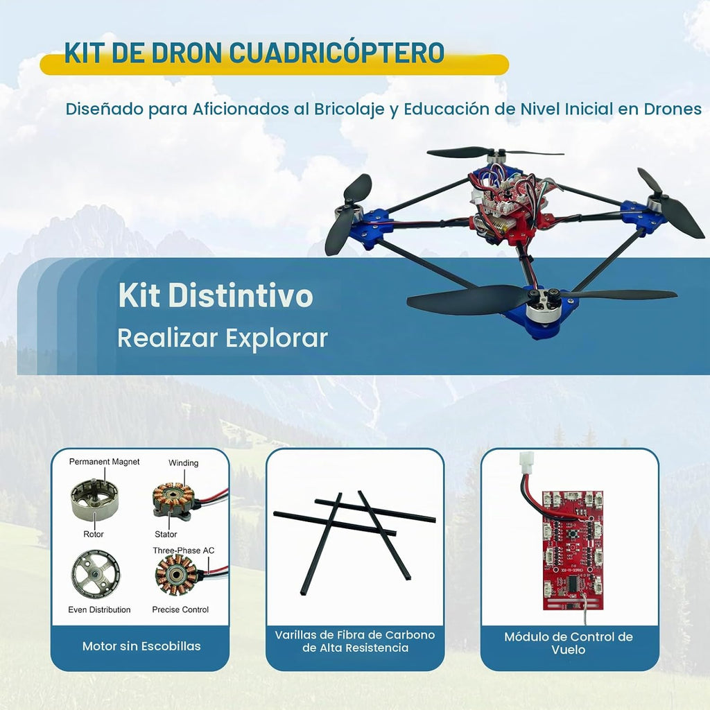 Kit de Drone Cuadricóptero DIY: Un Proyecto STEM Único con Motor sin Escobillas, Vuelo Estacionario con Flujo Óptico, Despegue y Aterrizaje con Un Clic, y Giro de 360° para que los Entusiastas del DIY