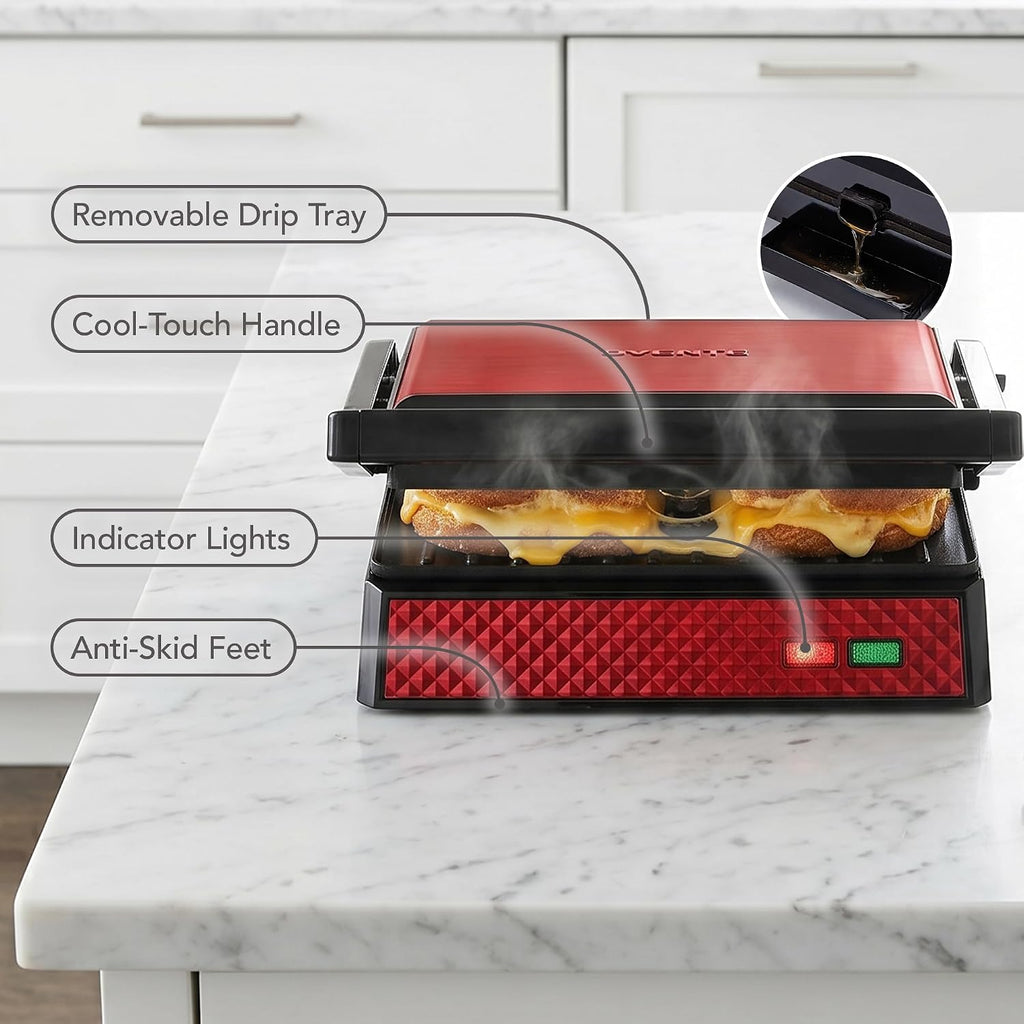 OVENTE Parrilla eléctrica de prensa Panini para interiores + sandwichera, color rojo GP0620R
