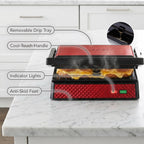 OVENTE Parrilla eléctrica de prensa Panini para interiores + sandwichera, color rojo GP0620R