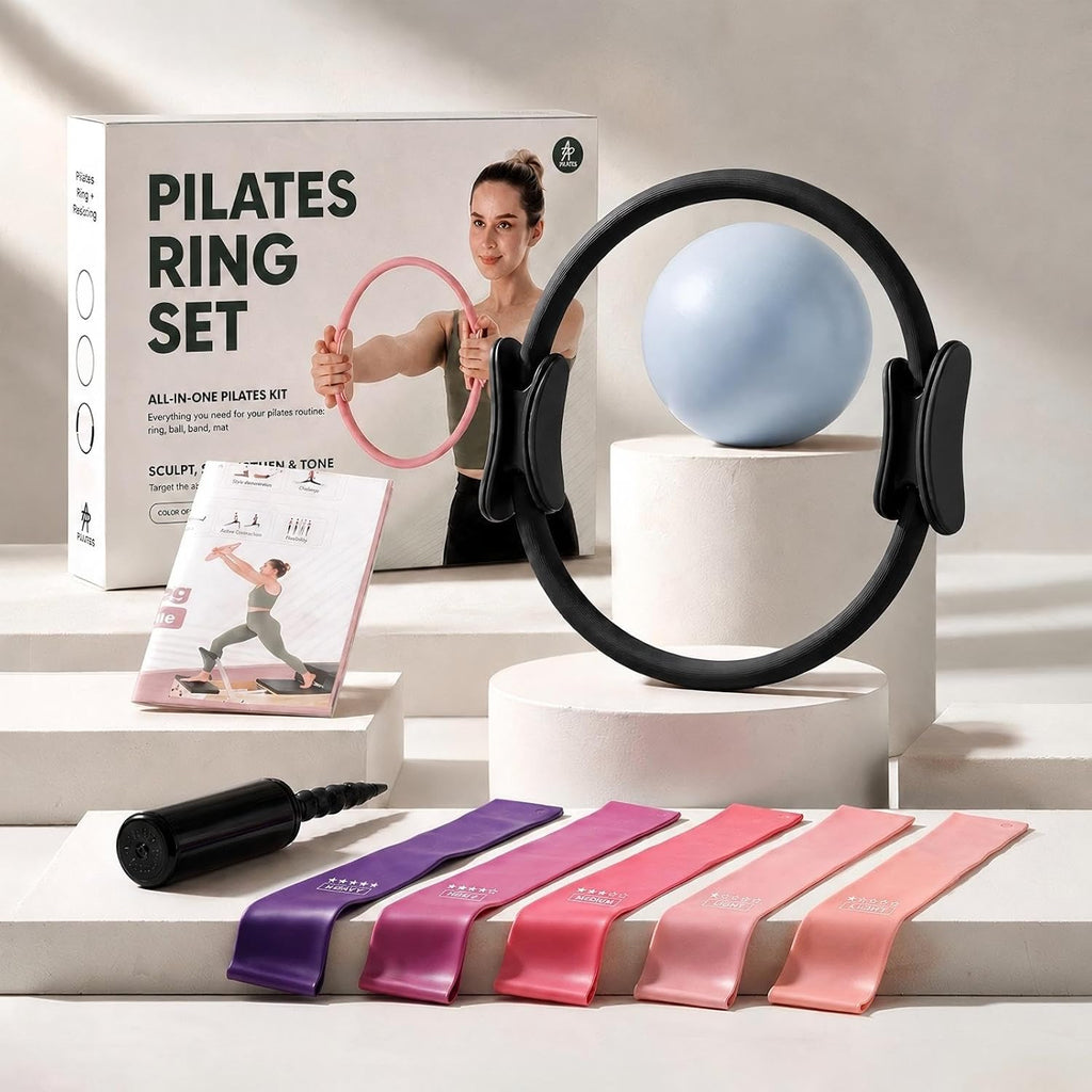 Juego de anillos de pilates – Círculo mágico de 14 pulgadas (38 libras de resistencia), bola de pilates de 9.8 pulgadas, 5 bandas de resistencia y guía de ejercicios incluida para entrenamientos