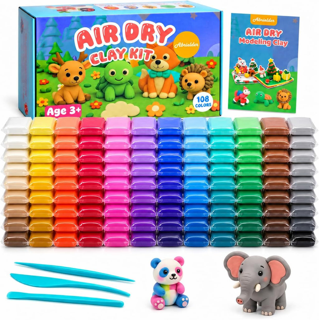 Arcilla seca al aire para niños, kit de arcilla suave de 108 colores, no tóxico, modelo de bricolaje de arte y manualidades juguetes con herramientas de escultura, kit de manualidades pintable