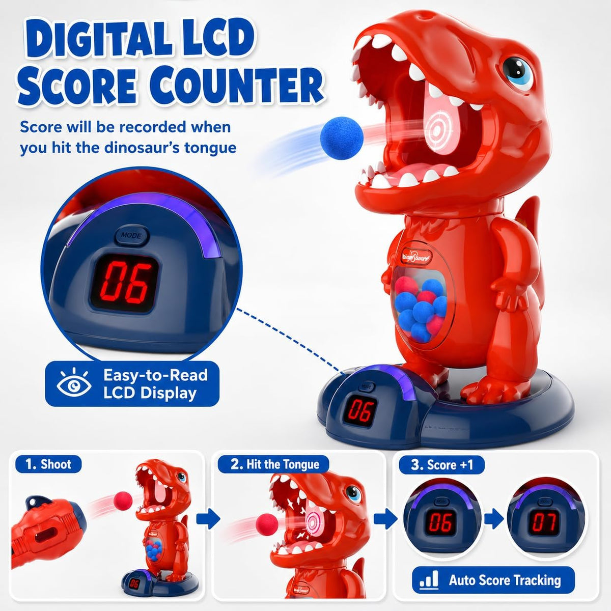 EagleStone - Juguete de disparo de dinosaurio movible para niños con 2
