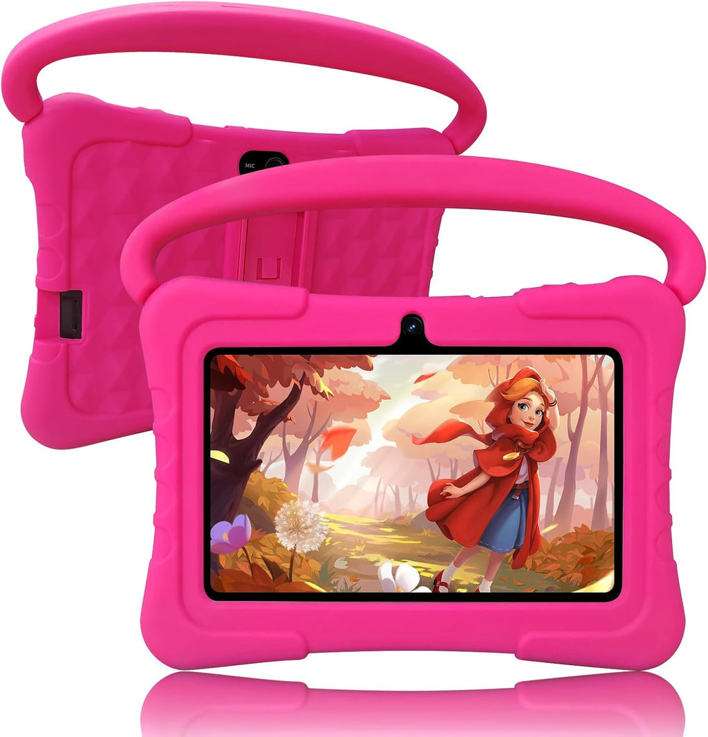 Tablet Kids de 7 pulgadas con funda a prueba de golpes, 1 GB de RAM 32 GB ROM, tableta Android para niños pequeños con Bluetooth, WiFi, GMS, control parental, educativo, juegos (rosa)
