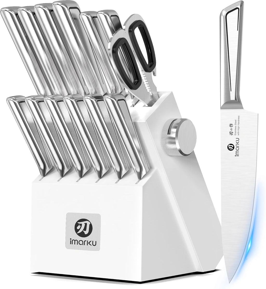 imarku - Juego de 14 cuchillos, elegante juego de cubiertos de cocina minimalistas blancos